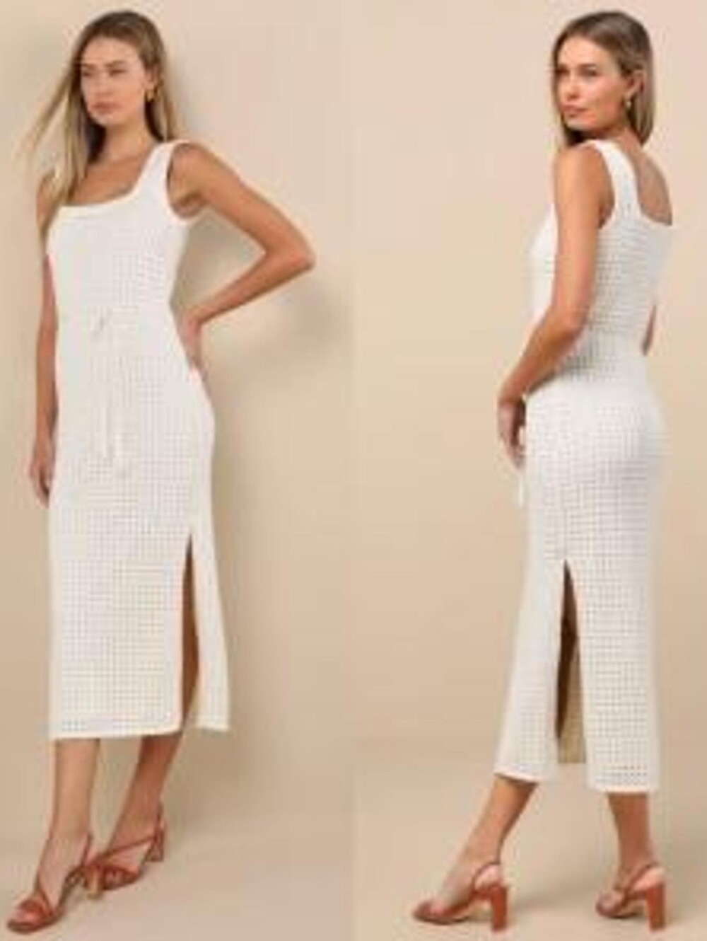 Lulu's White Knit Midi Dress with Side Slit and Tie Waist